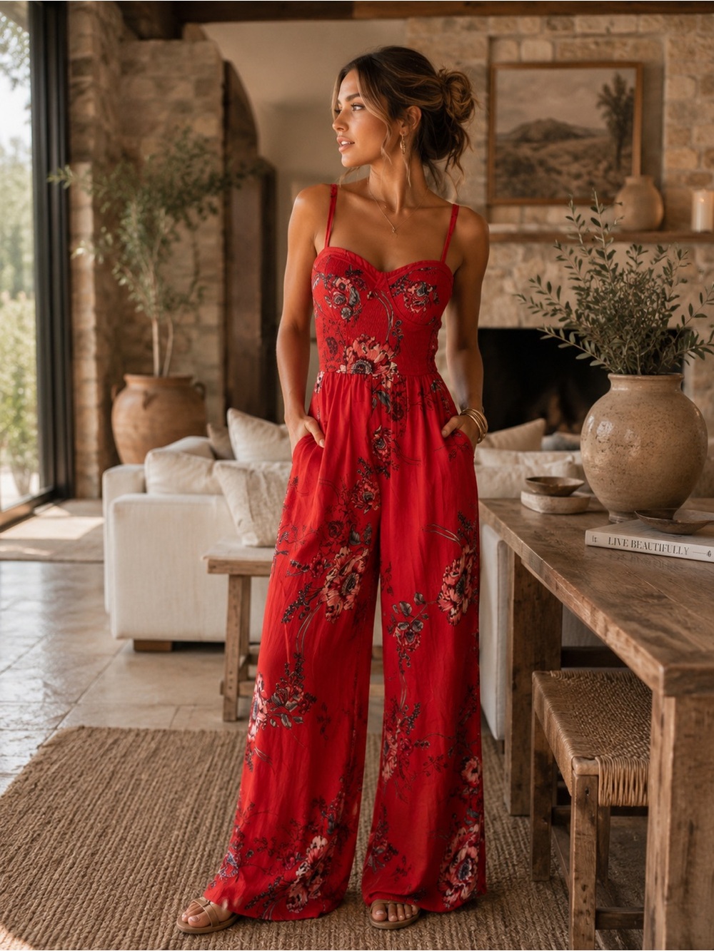 Band of Gypsies red floral jumpsuit wide legs